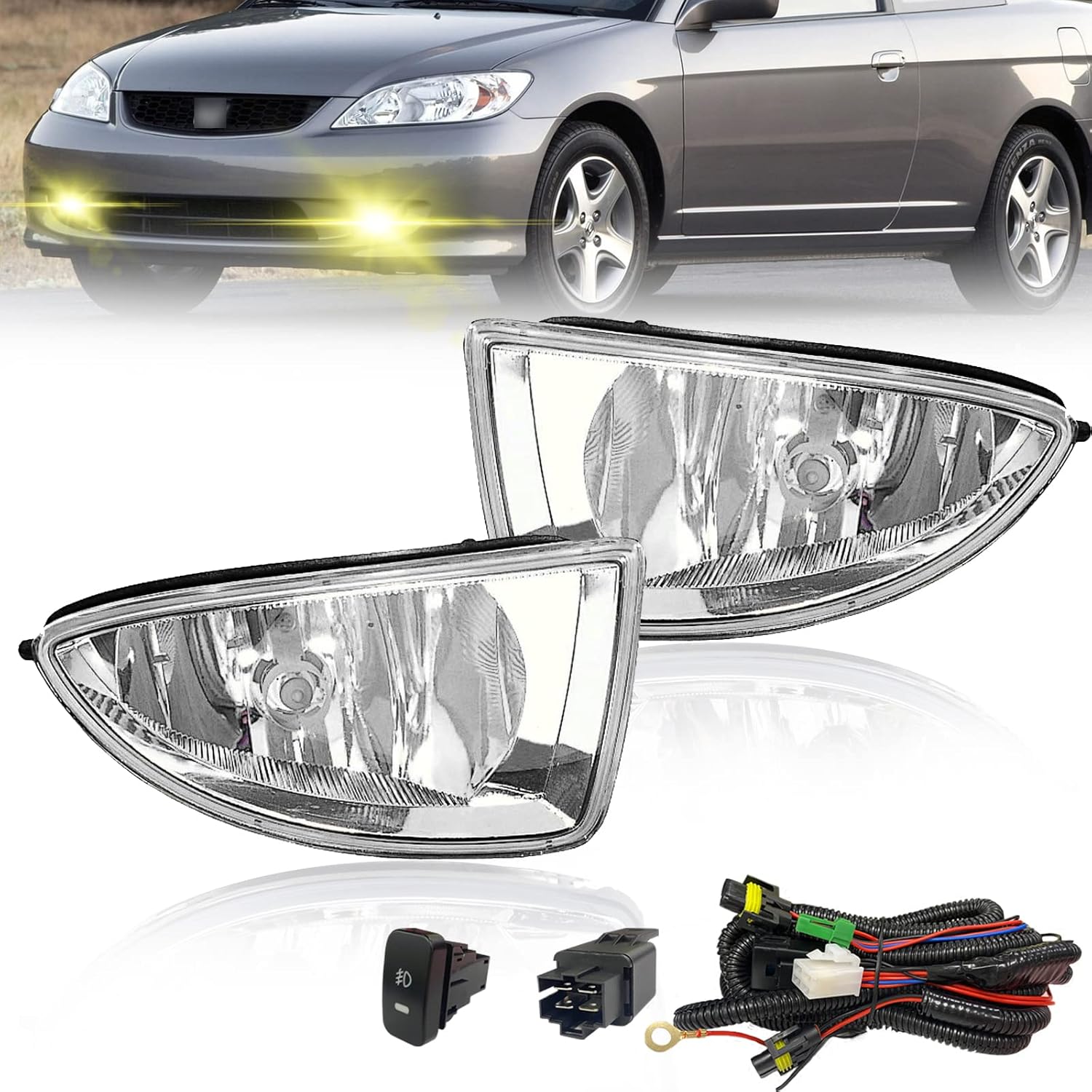 OKSIWA Driving Fog Lights Compatible with 2004-2005 Honda Civic 2/4DR 1 Pair Bumper Fog Lamps with Halogen Bulb, Switch and Harness (Clear Lens)