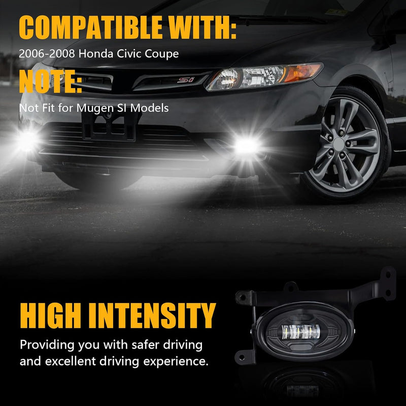 OKSIWA LED Fog Lights for 2006 2007 2008 Honda Civic Coupe 2DR,Front Bumper Driving Light kit,Fog Lamp Assembly Replacement with Switch,Wiring Harness,Plug and Play-2