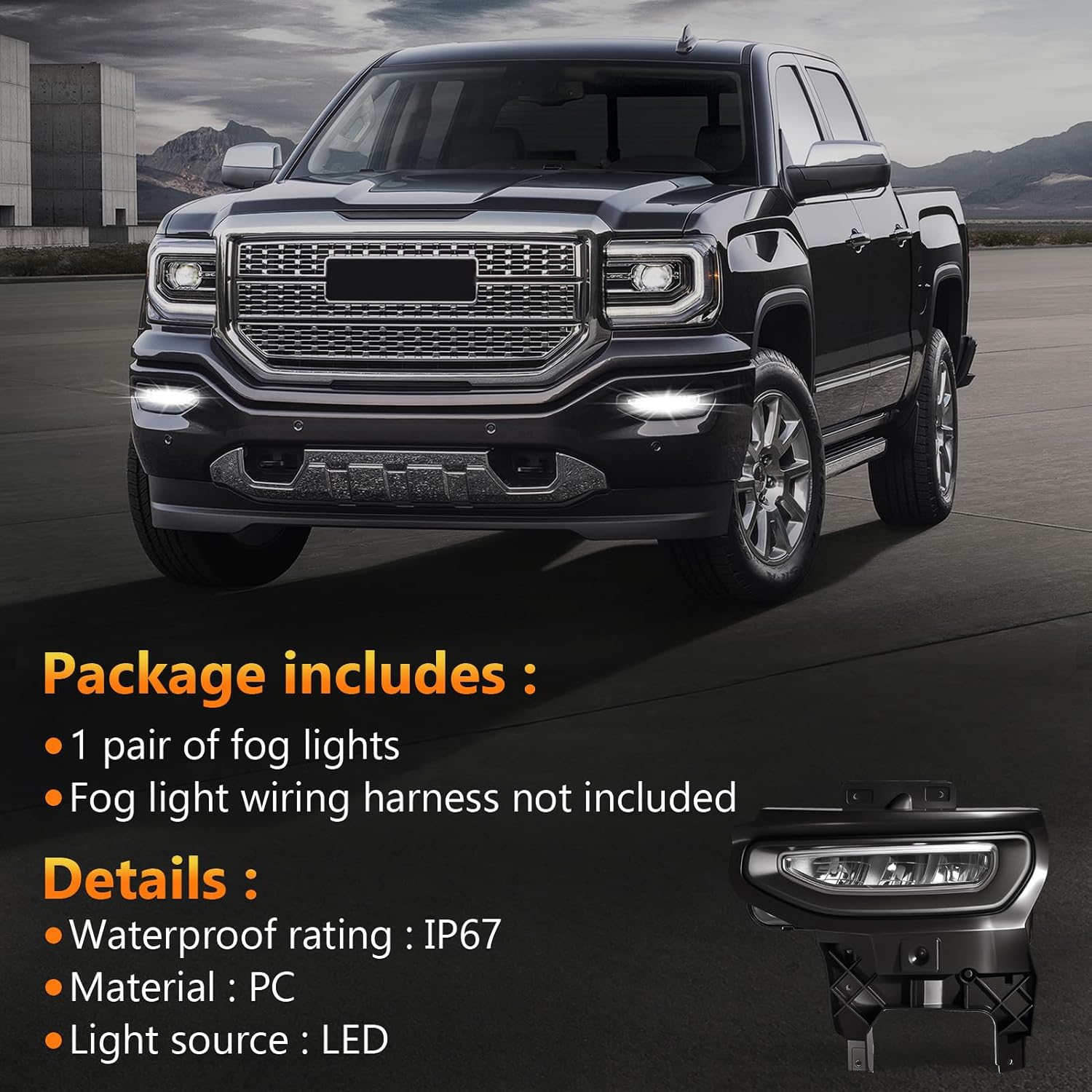 OKSIWA LED Fog Lights-For 2016 2017 2018 GMC Sierra 1500, Fog Light Assembly Replacement, IP67 Waterproof, Clear Lens,Exclude Fog Wiring Harness