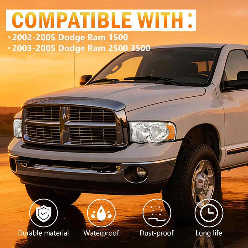 OKSIWA Headlights Assembly for 2002–2005 Dodge Ram 1500 2500 3500, OEM Style Replacement Headlamp Housing, Factory Fit,Plug & Play, No Bulbs Included,Clear Trim-2