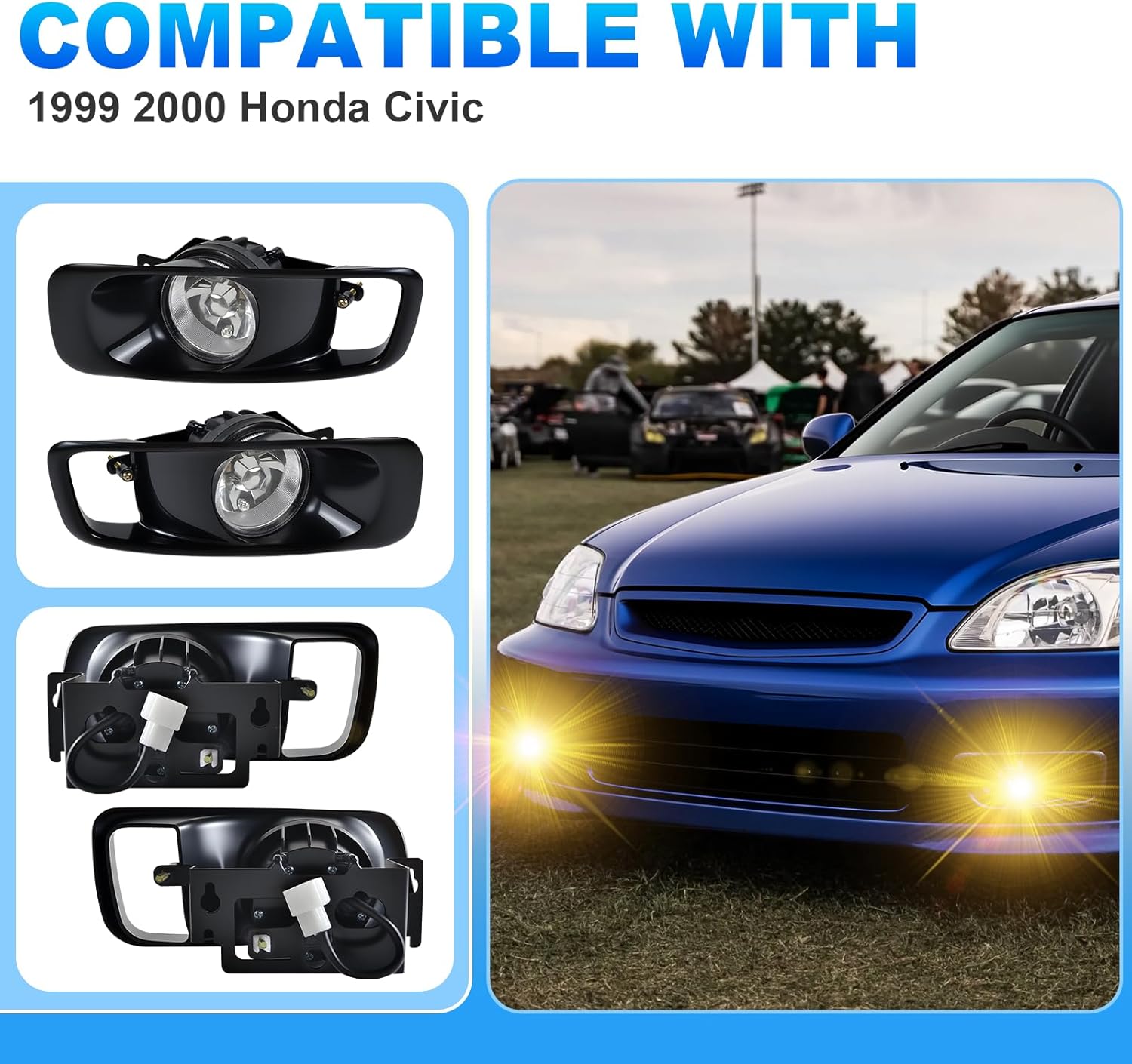 OKSIWA Fog Lights Assembly Compatible With 1999 2000 Honda Civic Fog Lamps 1 Pair of Fog Lights with Wiring Harness and Switch