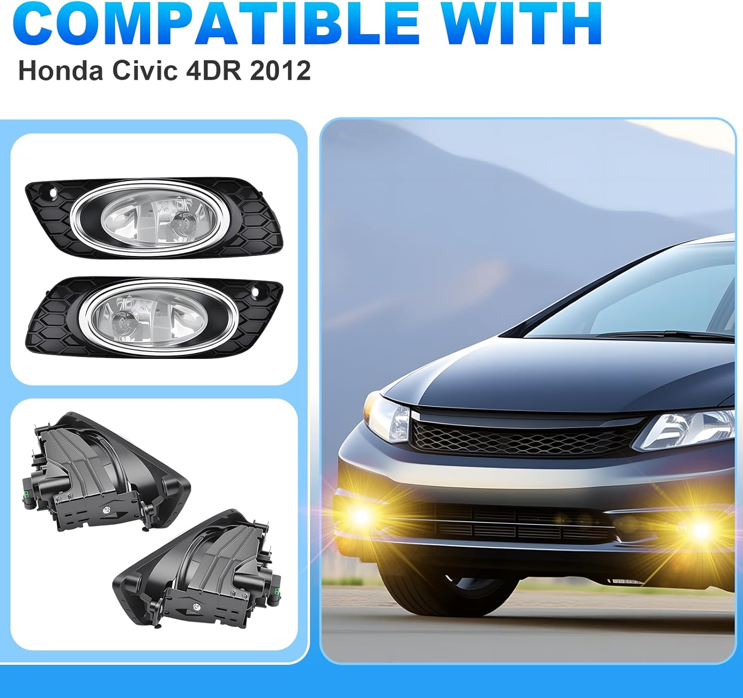 OKSIWA Fog Lights Compatible with 2012 Honda Civic 4DR Front Fog Lamps Assemblies with Switch and Wiring Harness 1 Pair of Fog Lights-3