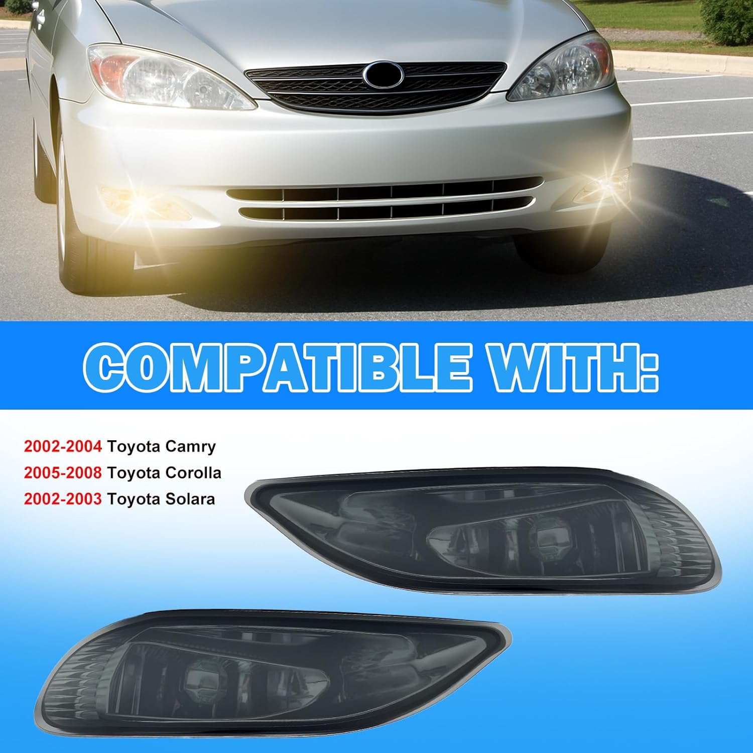 OKSIWA Fog Lights Assembly For 2002 2003 2004 Camry, 2005 2006 2007 2008 Corolla, 2002 2003 Solara With Switch and Wiring Kit And Halogen Bulbs- Smoked Lens-3