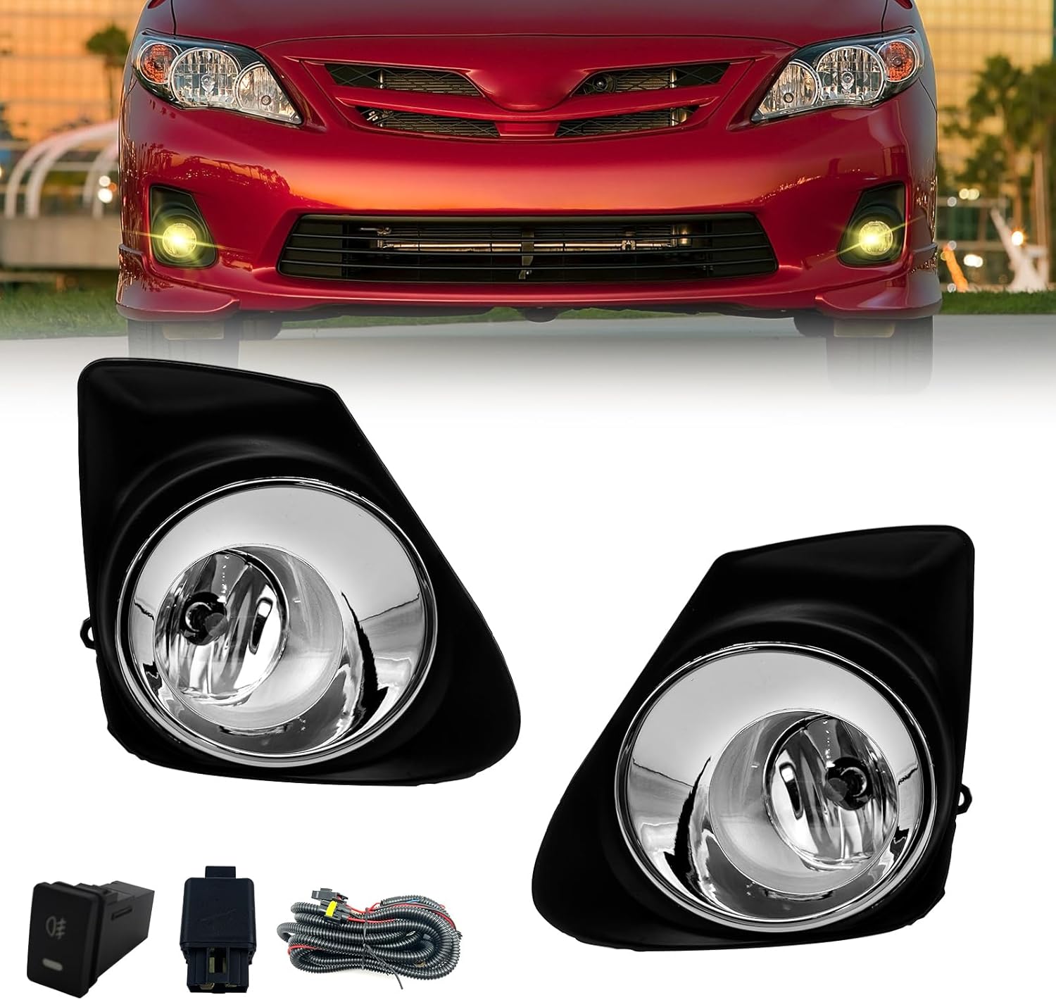 OKSIWA Fog Lights Fit For Corolla 2011 2012 2013 Fog Lamps Assembly 2PCS With Chrome Bezels Switch and Wiring Kit