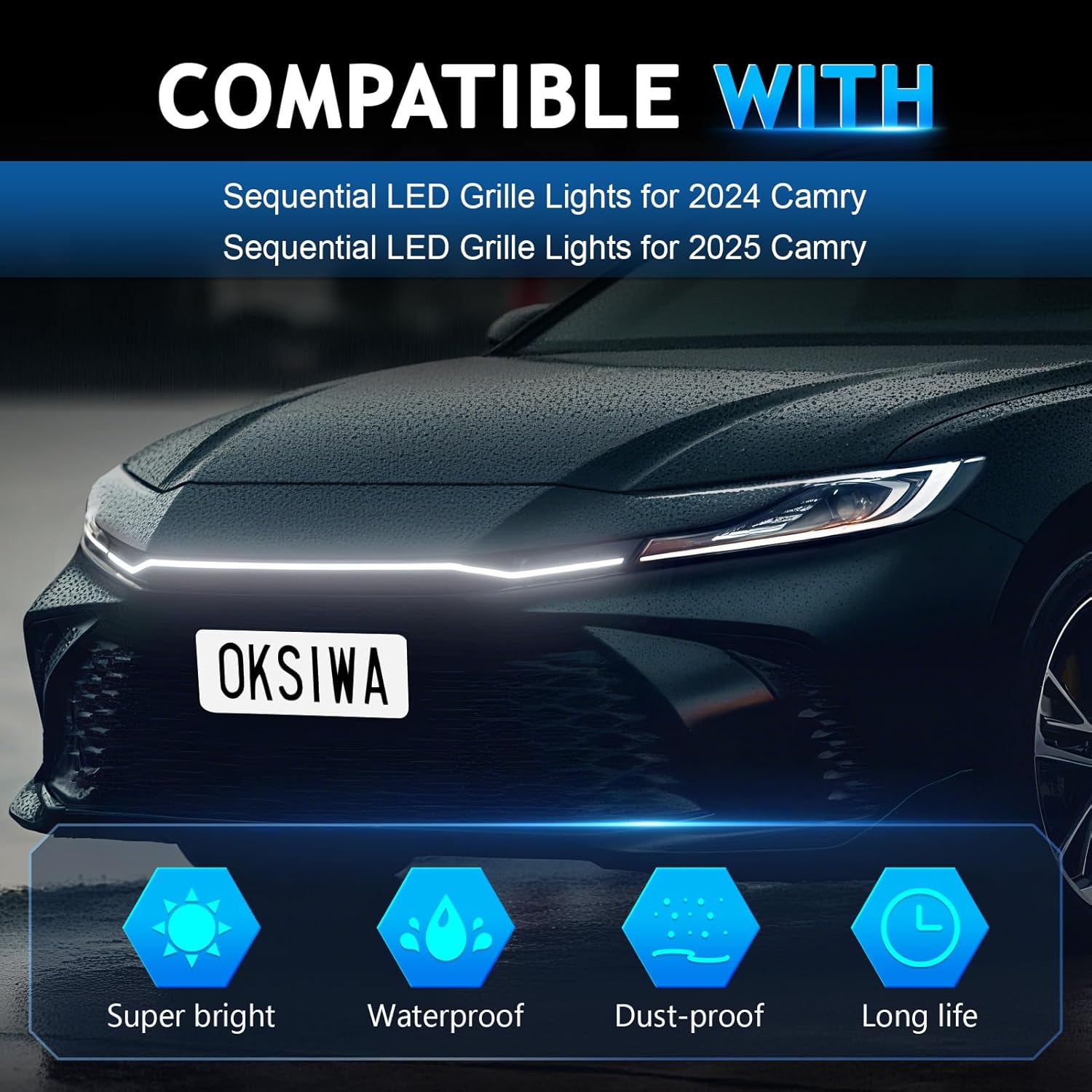 OKSIWA Sequential LED Middle Grille Light For 2024-2025 Toyota Camry, with Starting Animation,Dynamic Turn Signal,White Daytime Running Lights, Front Driving Hood Light