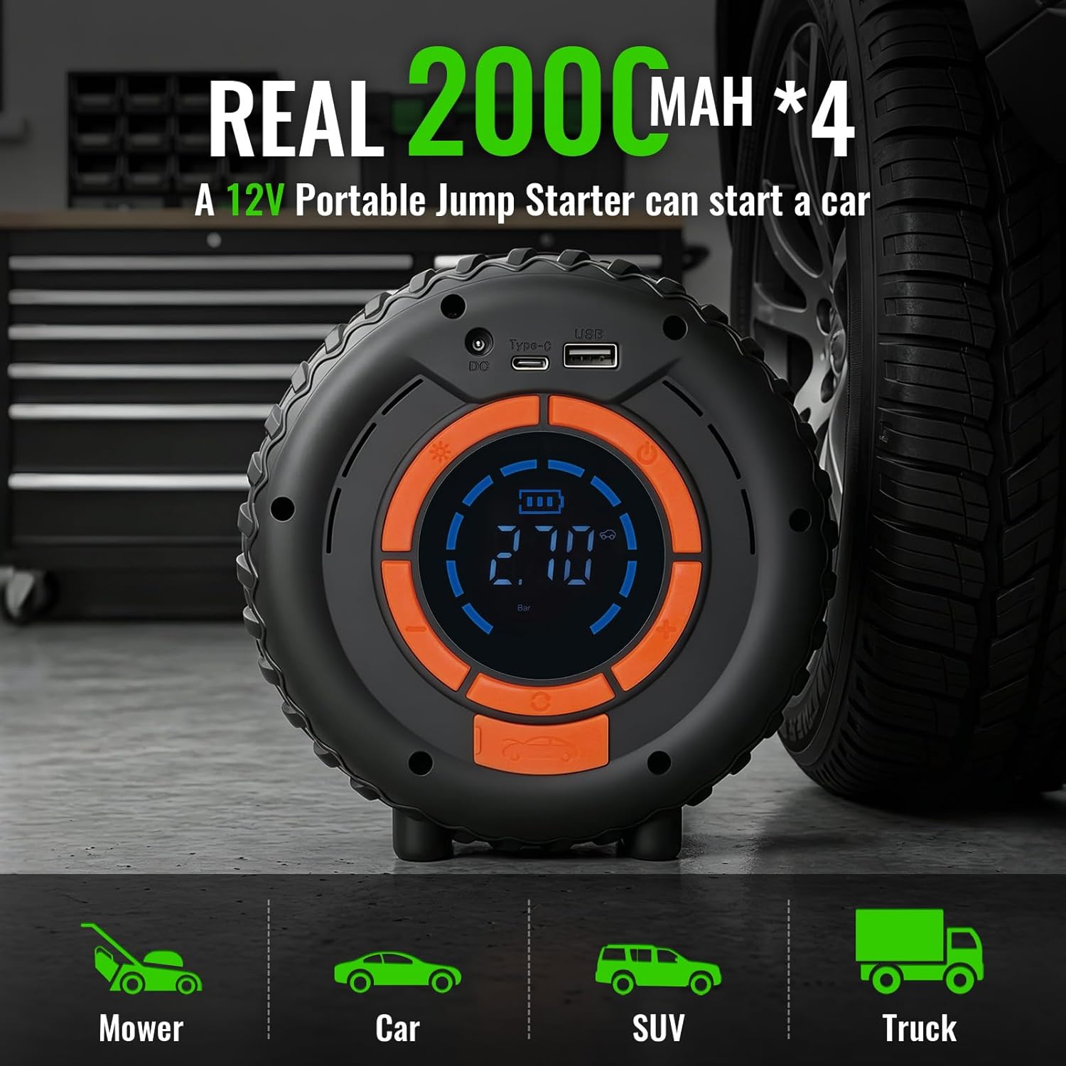 Jump Starter with Tire Inflator, 8000mAh Car Battery Jumper, 150PSI Air Compressor, Power Bank & LED Light for Cars Trucks Bikes