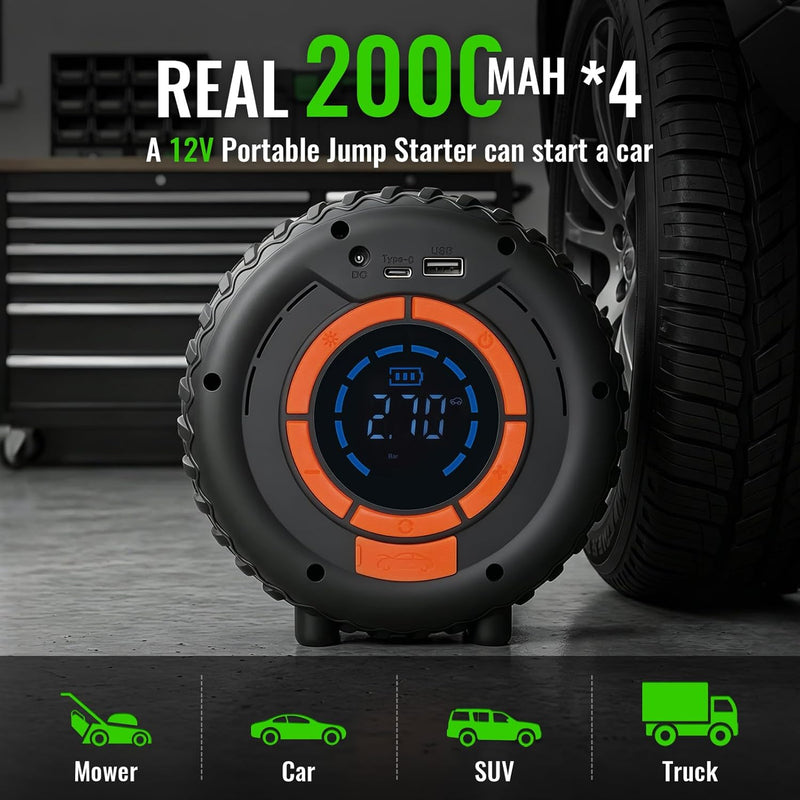 Jump Starter with Tire Inflator, 8000mAh Car Battery Jumper, 150PSI Air Compressor, Power Bank & LED Light for Cars Trucks Bikes-2