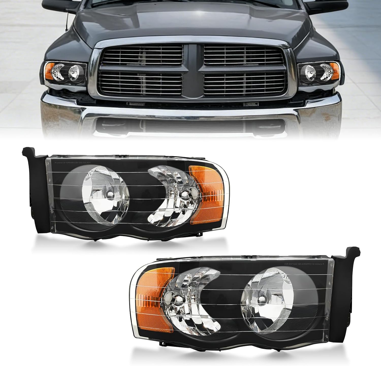 OKSIWA Headlights Assembly for 2002–2005 Dodge Ram 1500 2500 3500, OEM Style Replacement Headlamp Housing, Factory Fit,Plug & Play, No Bulbs Included,Black Trim