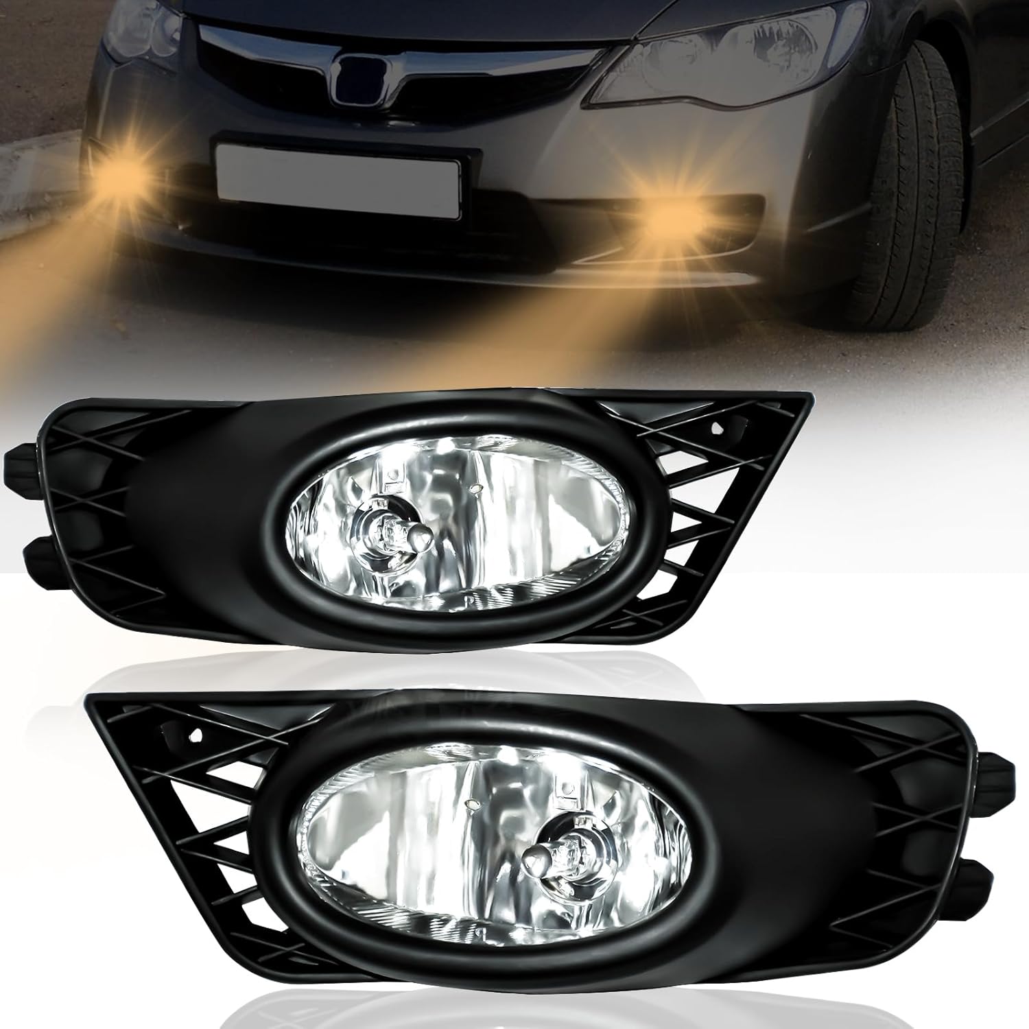 OKSIWA Halogen Fog Lights Fit for 2009 2010 2011 Honda Civic 4-Door Sedan,Front Bumer Driving Light Kit,Fog Lamps Replacement with Wiring Harness,Clear Lens,Plug and Play-1