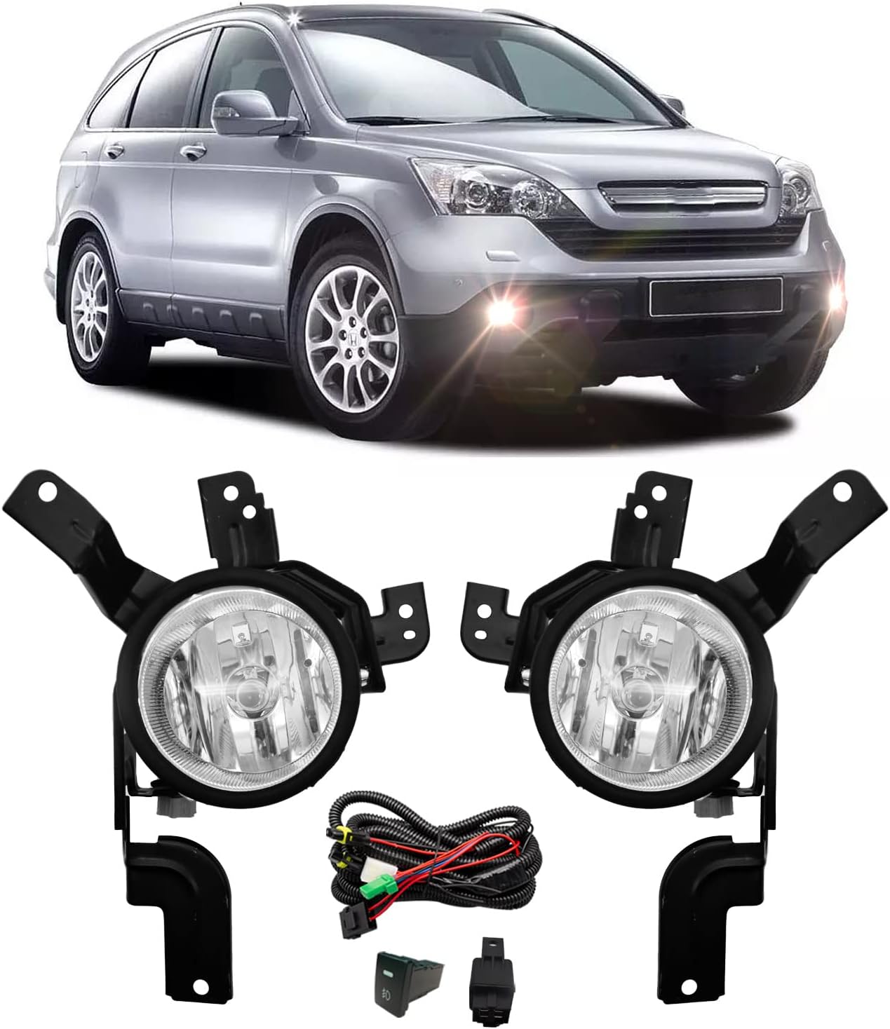 OKSIWA Driving Fog Lights Lamps Compatible With 2007 2008 2009 Honda CRV Front Bumper Lamps with H11 12V 55W Halogen Bulbs & Switch and Wiring Kit (Clear Lens)