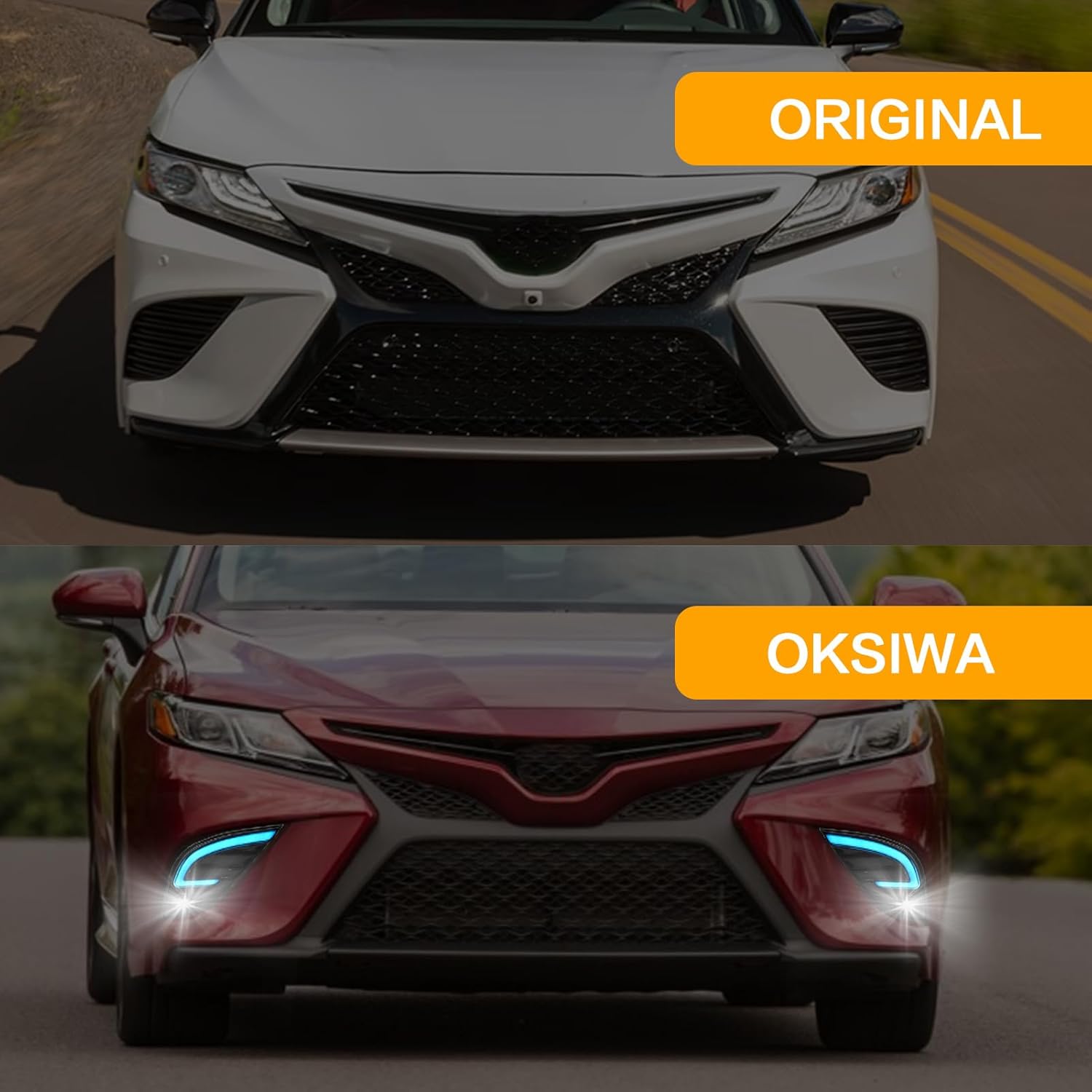 OKSIWA LED Fog Light with 3-Colors Day Running Light Compatible with 2018 2019 2020 Toyota Camry SE/XSE/TRD,Amber Turn Signal light, Blue light for Night,Front Bumper Fog Lamp Replacement Kit