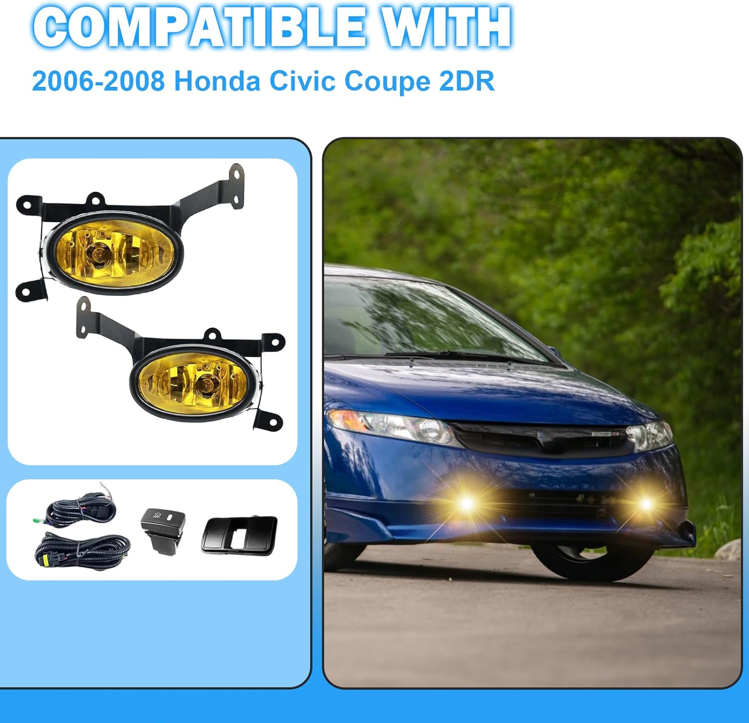 OKSIWA Fog Lights Compatible with 2DR Honda Civic Coupe 2006-2008 Pair Bumper Driving Fog Lamps with H11 12V 55W Halogen Bulb (Amber Lens)-6