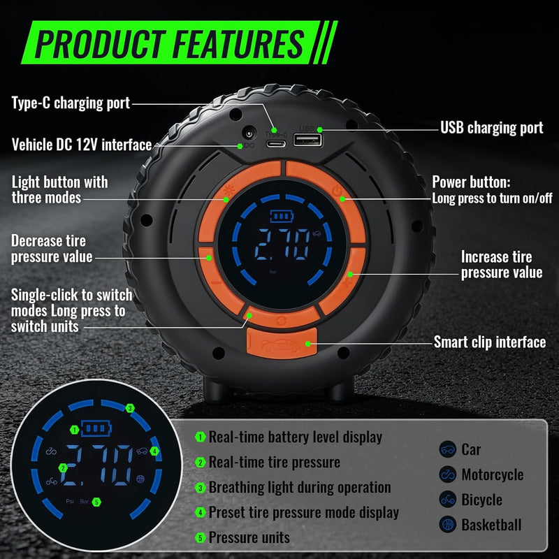 Jump Starter with Tire Inflator, 8000mAh Car Battery Jumper, 150PSI Air Compressor, Power Bank & LED Light for Cars Trucks Bikes-7