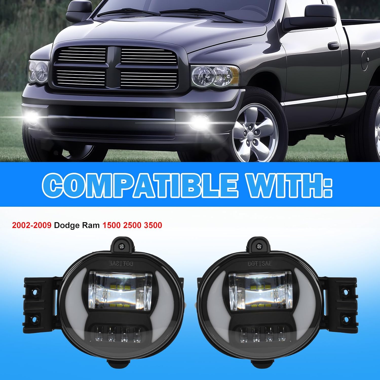 OKSIWA LED Fog Lights Compatible With 2002-2009 Ram 1500 2500 3500/2004-2006 Durango Pickup Truck 2002-2008 Ram Front Bumper Driving Fog Lamp 1 Pair of Fog Lights Clear Lens-3