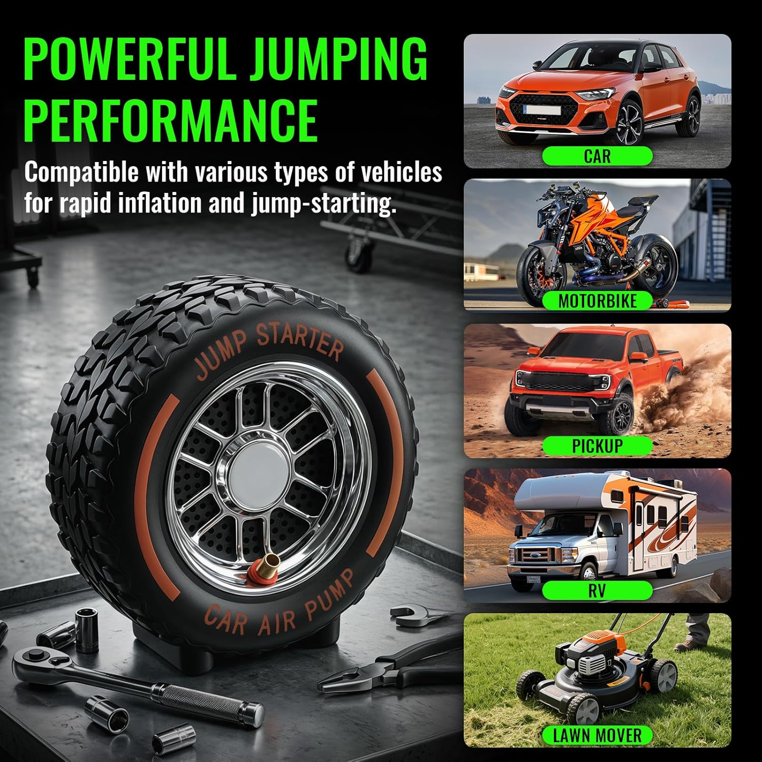 Jump Starter with Tire Inflator, 8000mAh Car Battery Jumper, 150PSI Air Compressor, Power Bank & LED Light for Cars Trucks Bikes-5
