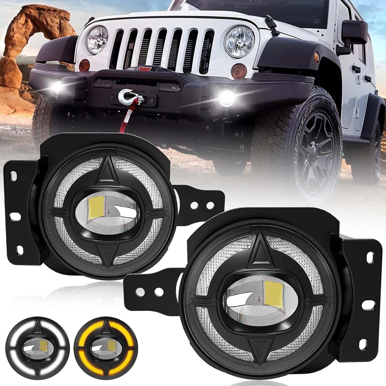 OKSIWA 4-Inch LED Fog Lights with DRL & Turn Signals - Compatible with 2019 2020 2021 2022 Jeep Wrangler JL & JT - Complete Jeep Wrangler Fog Lamp Replacement Kit (1 Pair)