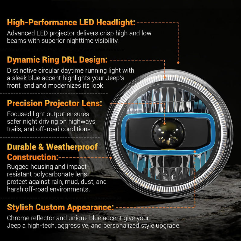 7" Halo LED Headlights with Sequential Turn Signal & DRL for 1976-2017 Jeep Wrangler CJ/TJ/JK-5