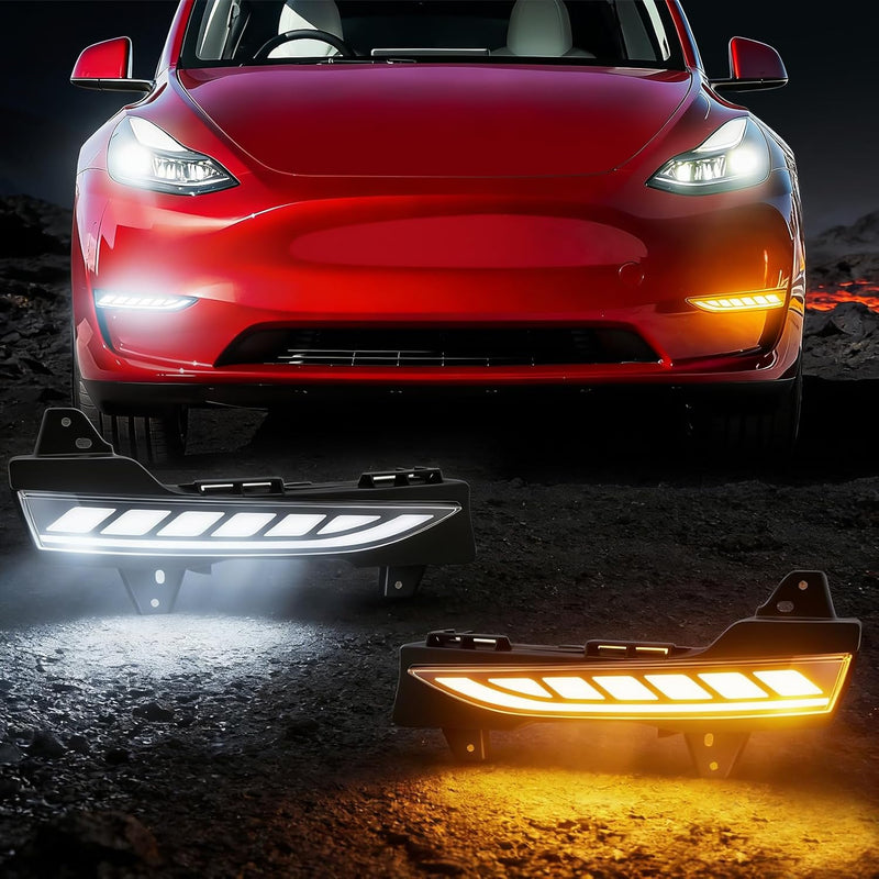 OKSIWA Sequential LED Daytime Running Lights For 2017-2023 Tesla Model 3,2020-2023 Model Y, Unique Design Dual-Colors DRL With Starting Animated Dynamic Amber Turn Signal led fog lights for tesla-1