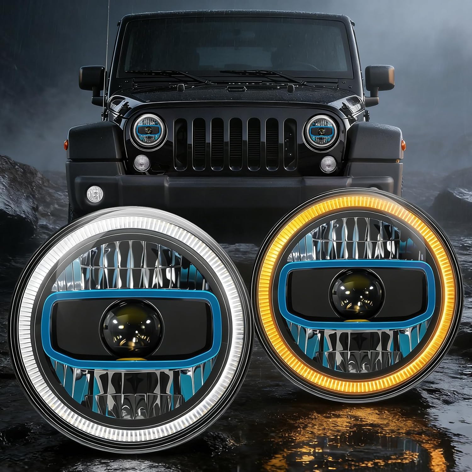 7" Halo LED Headlights with Sequential Turn Signal & DRL for 1976-2017 Jeep Wrangler CJ/TJ/JK-1