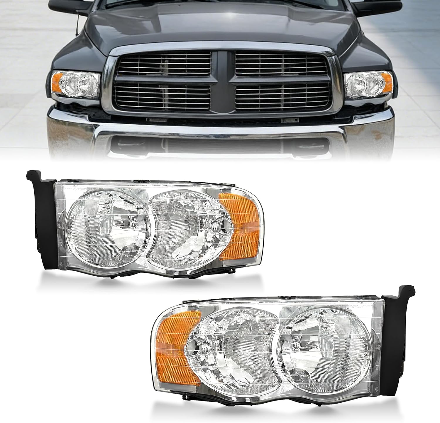 OKSIWA Headlights Assembly for 2002–2005 Dodge Ram 1500 2500 3500, OEM Style Replacement Headlamp Housing, Factory Fit,Plug & Play, No Bulbs Included,Clear Trim