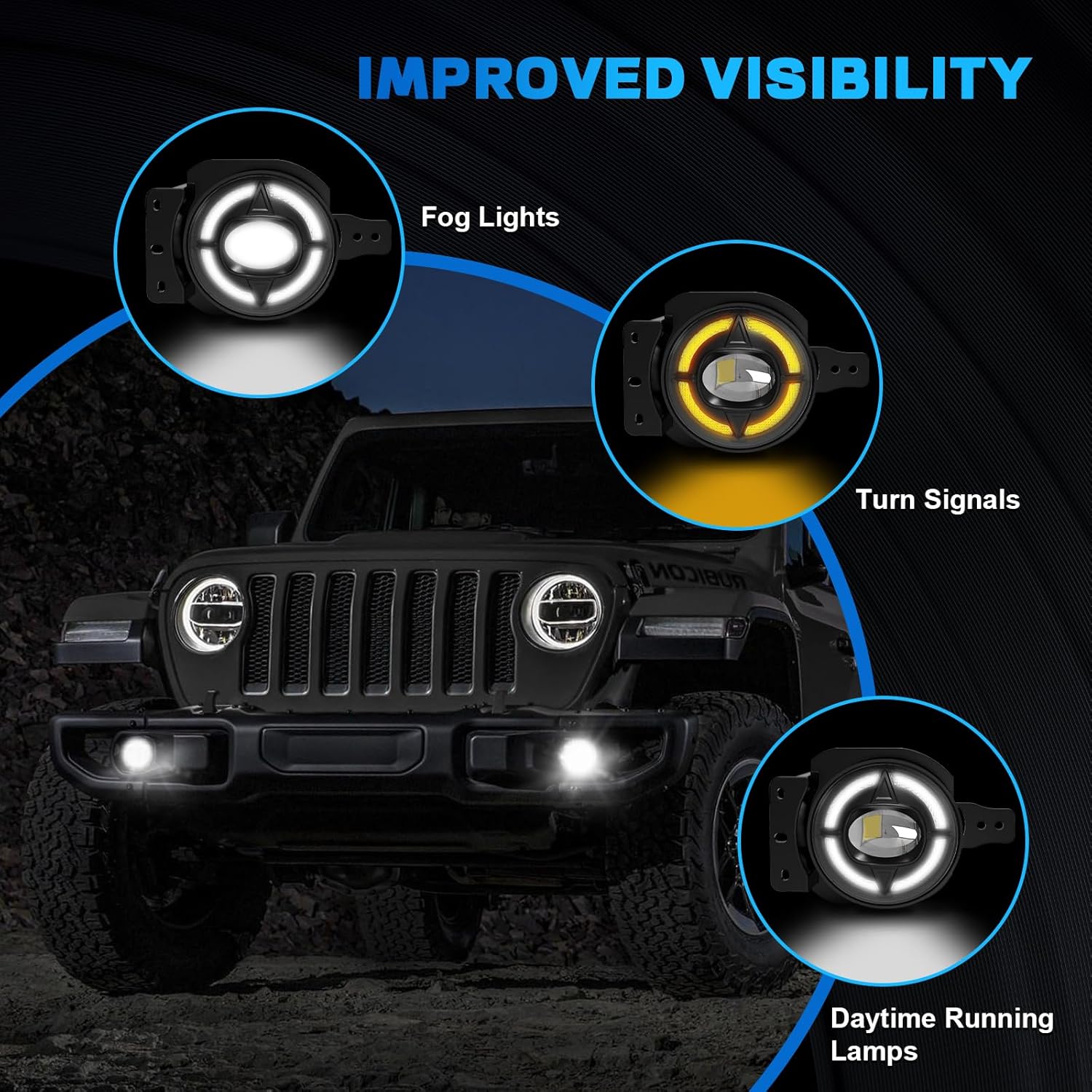 OKSIWA 4-Inch LED Fog Lights with DRL & Turn Signals - Compatible with 2019 2020 2021 2022 Jeep Wrangler JL & JT - Complete Jeep Wrangler Fog Lamp Replacement Kit (1 Pair)