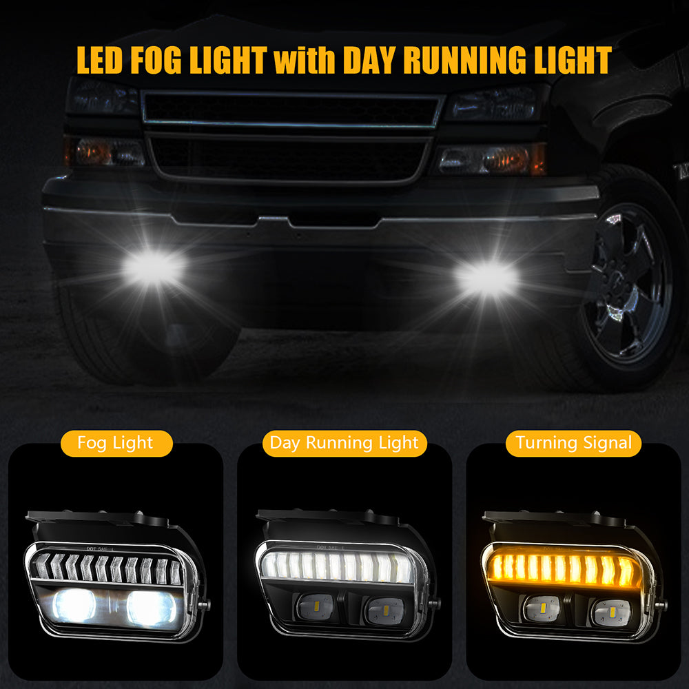 DOT Approved LED Fog Lights with White DRL & Amber Turn Signal for 2003-2006 Chevy Silverado & 2002-2006 Avalanche Clear Lens Plug & Play