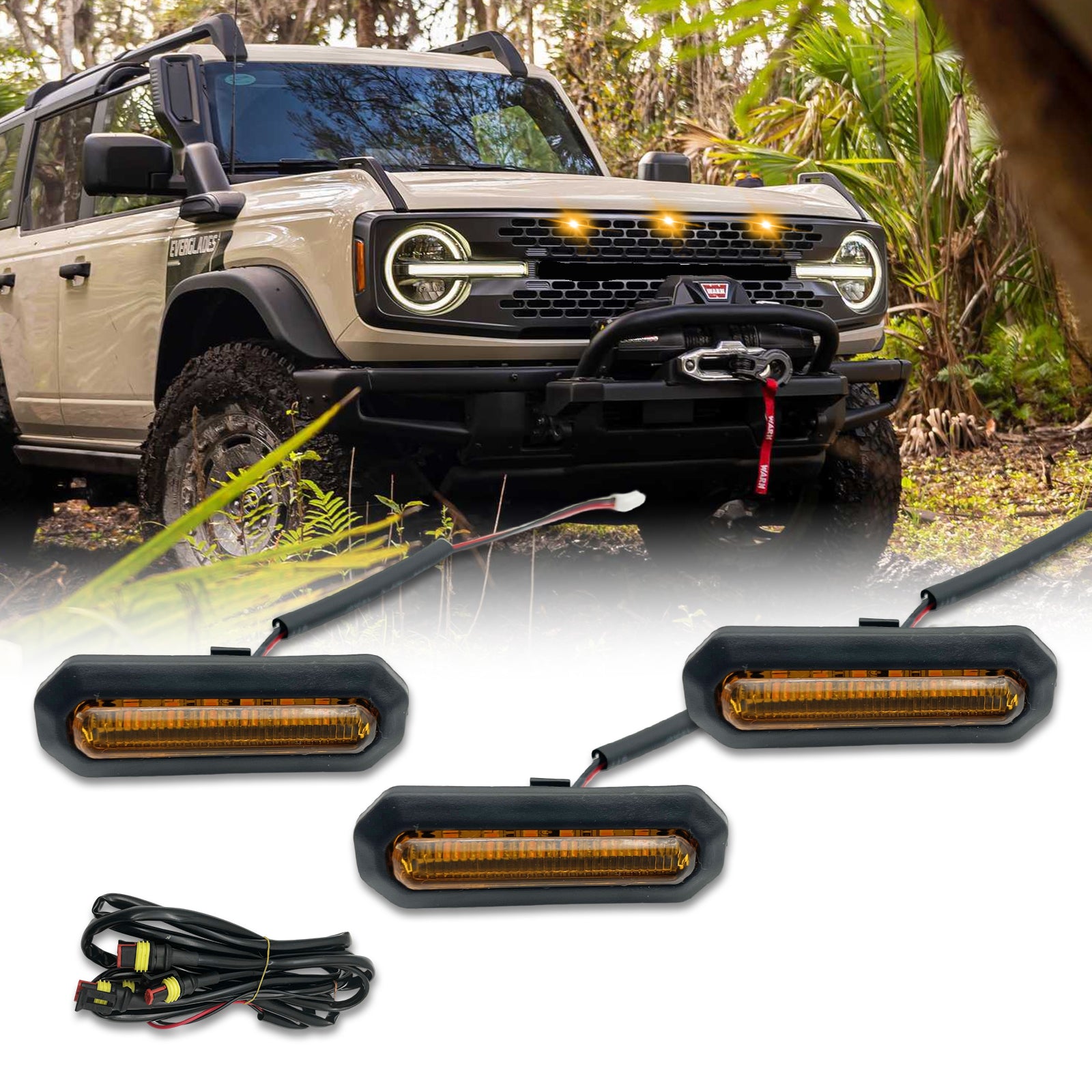 3pcs For 2021 2022 2023 Ford Bronco Yellow Lens LED Front Grille Lights Lamps